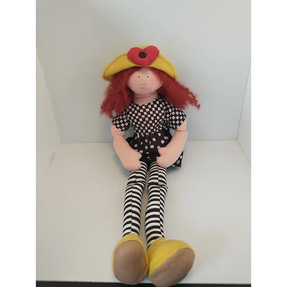Vintage Handmade Madeline Cloth Doll Red Hair Yellow Hat Shoes Black White Dress
